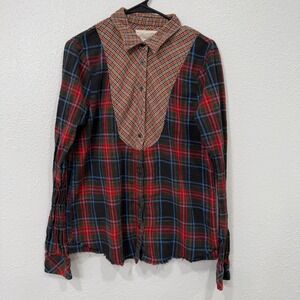 WE THE FREE Plaid Patchwork Flannel Shirt Distressed Hem Button Up Women L